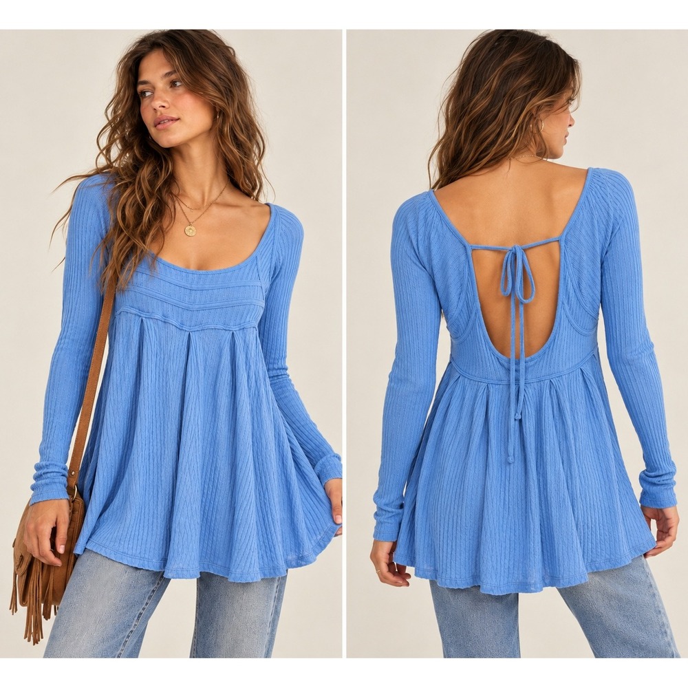 Free People Its Always You Blue Babydoll Top L Tie Back Pointelle Boho Coquette